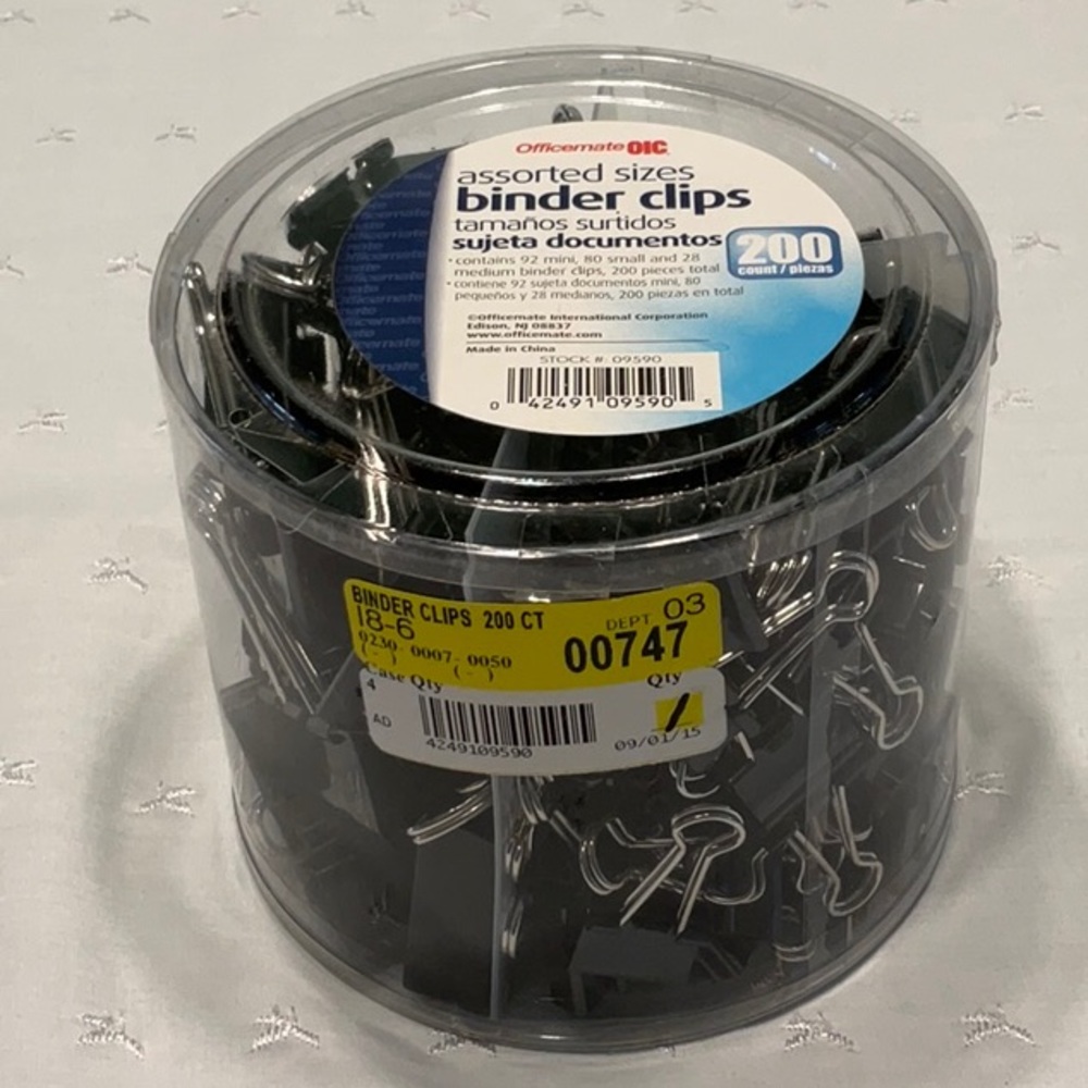Assorted Sizes Binder Clips 200 Count Black from Officemate NIP